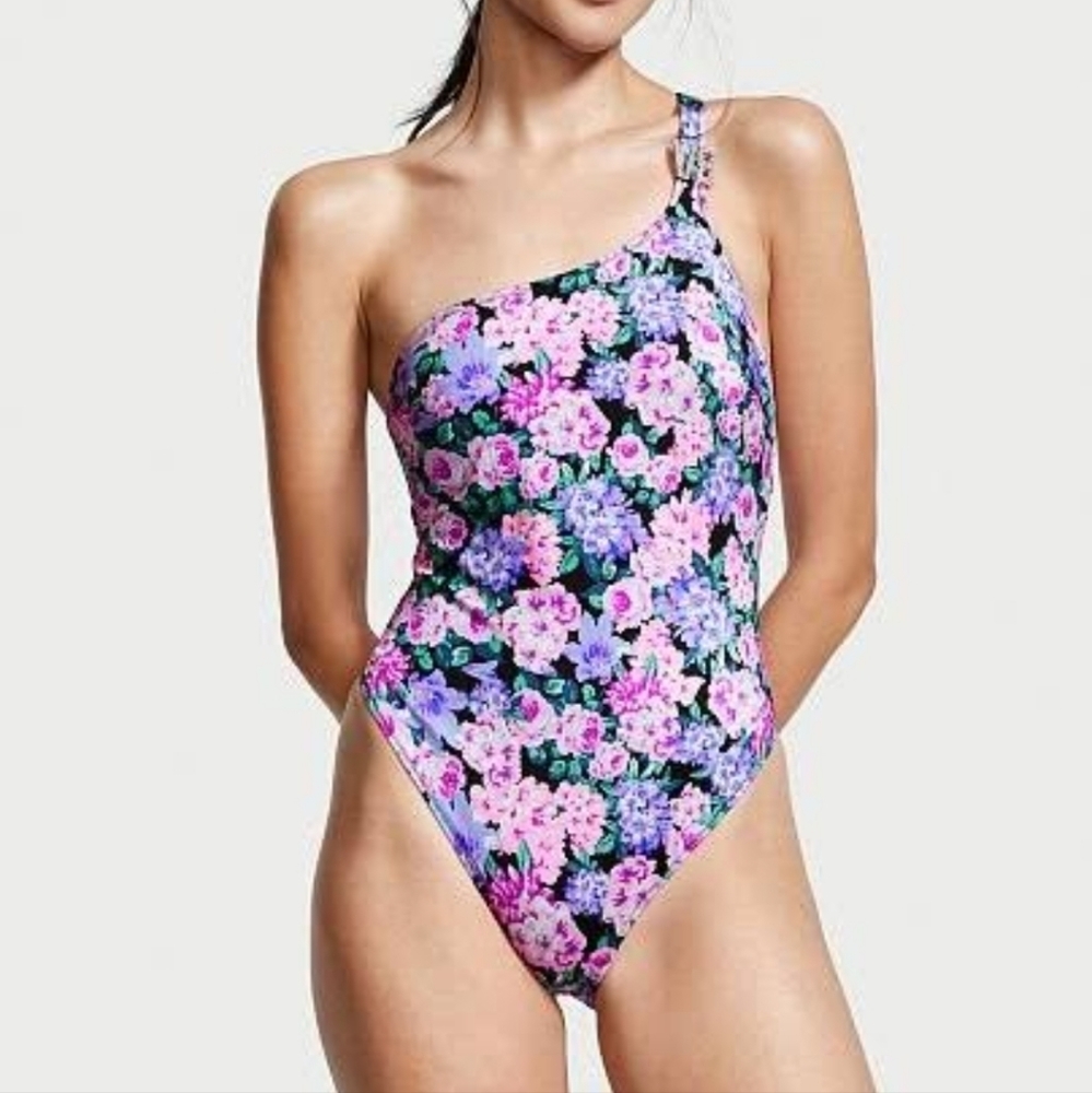 Victoria Secret One Piece Swimsuit Floral Bling VS Logo Shimmer One Shoulder S